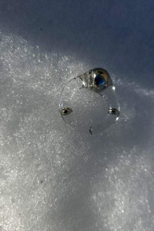 MITSUKI silver ring or ear cuff, features a clear ring with silver orb in the center