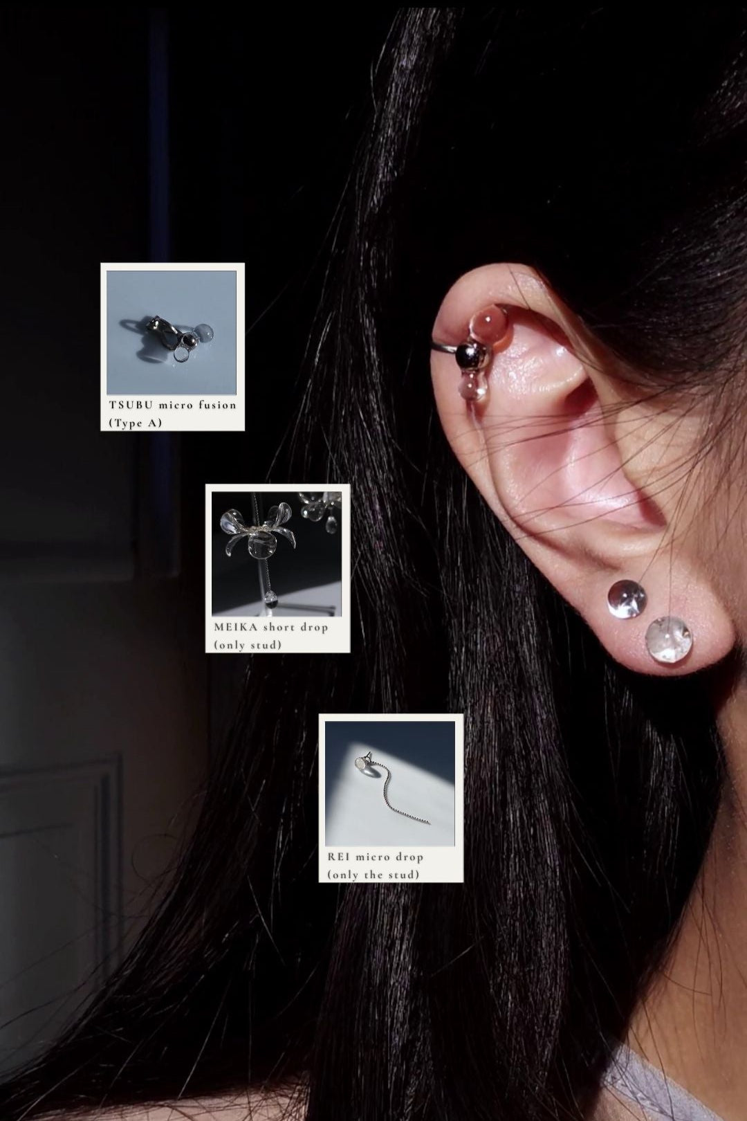 Model wearing TSUBU micro orb earcuff on the helix with studs from MEIKA floral short drop and REI silver icy drop