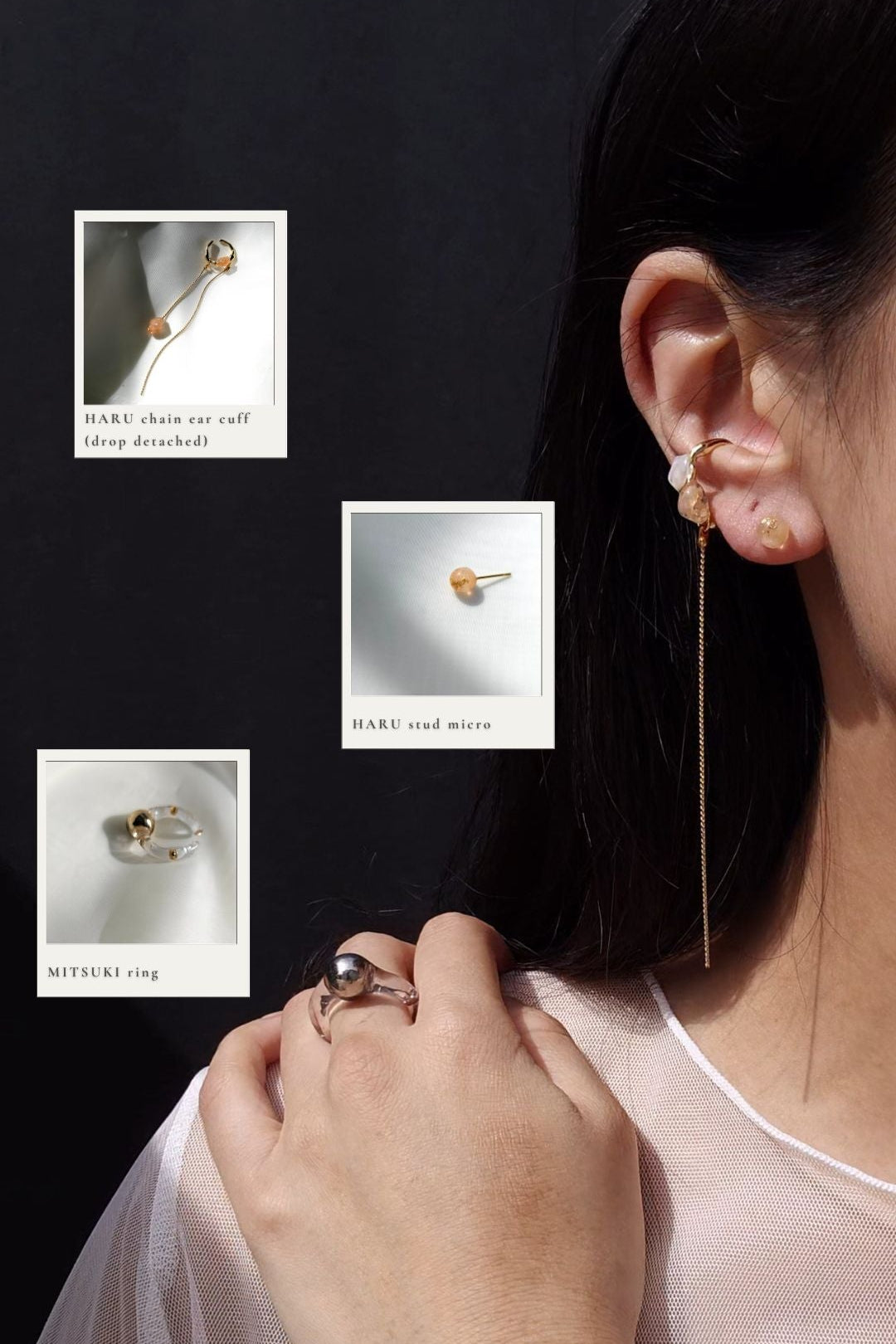 Model wearing HARU chain ear cuff and HARU stud micro, featuring hand-blended beige and oraneg stones. MITSUKI gold ring with gold orb in the center on the middle finger.