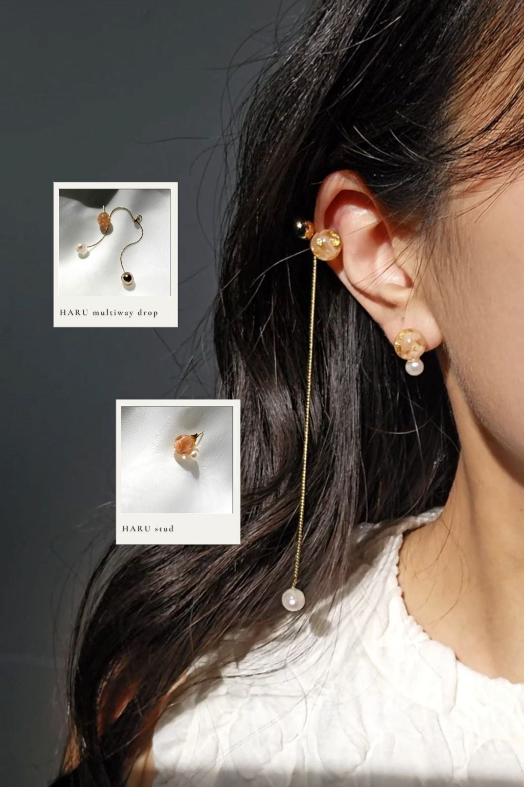 orange beige convertible drop earring and pearl stud