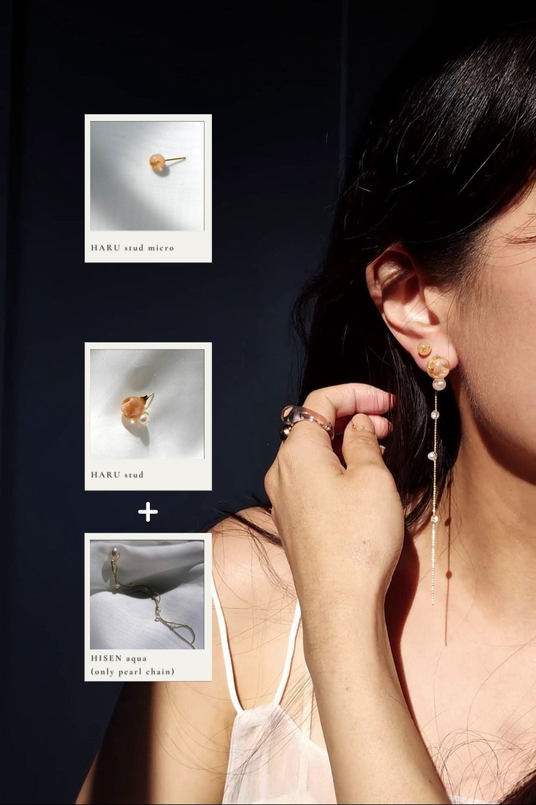 A model wearing a tiny stud, HARU micro stud, with an orange stud with pearl, HARU pearl stud, paired with a gold chain, a chain from HISEN aqua