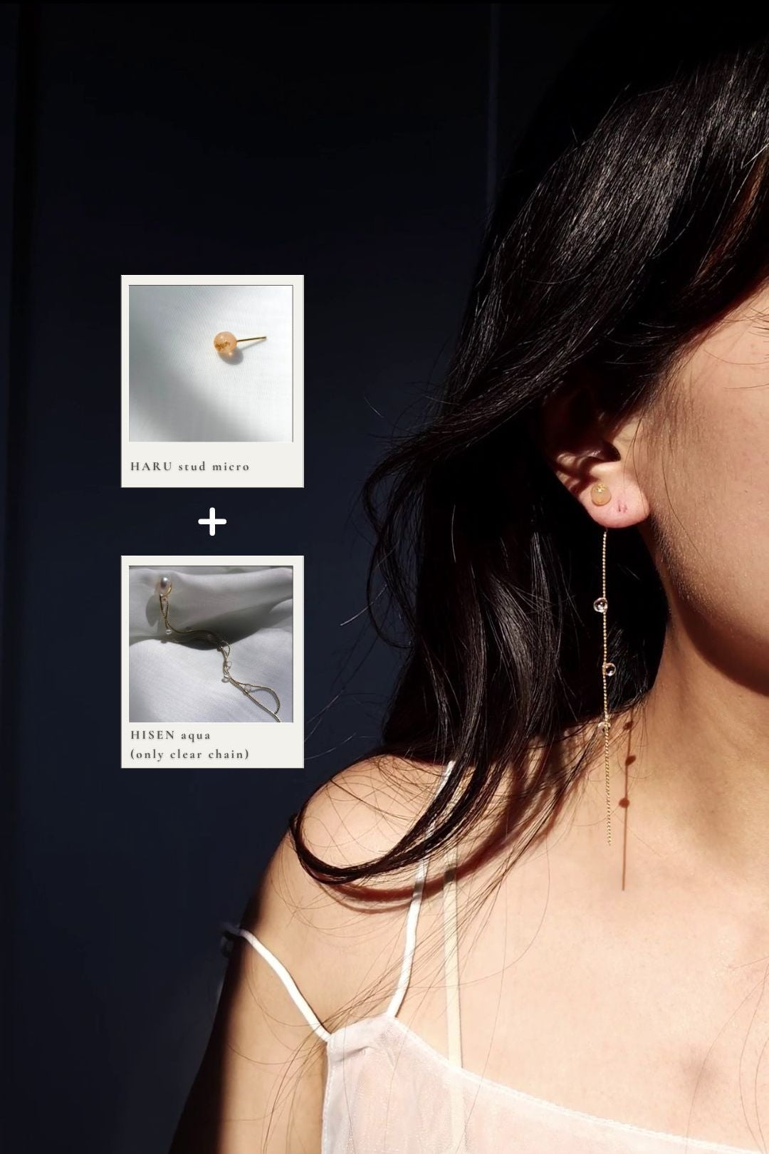 A model wearing gold chain earrings with pearl, the chain from HISEN aqua, with an orange tiny stud, HARU micro stud
