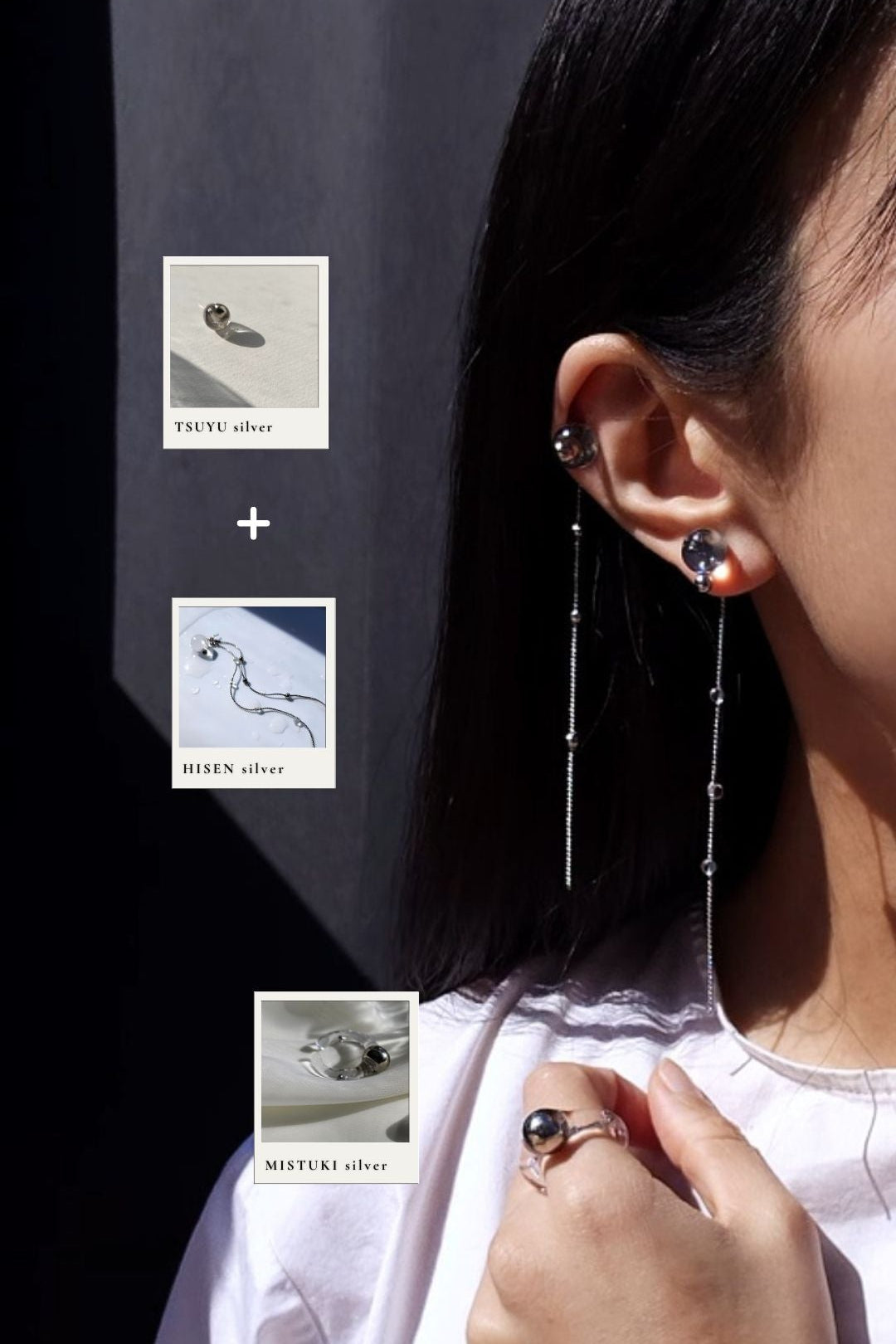 Model wearing HISEN silver, silver chain drop earring, with TSUYU silver stud on helix, and MITSUKI silver ring on the index finger