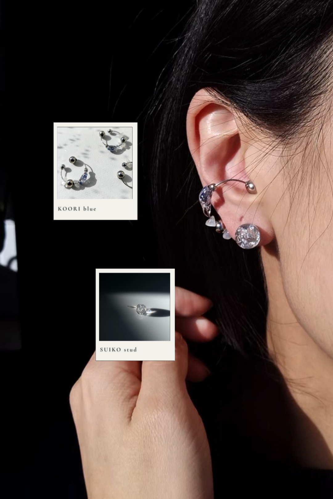 Model wearing KOORI blue ring and ear cuff with SUIKO silver clear stud.