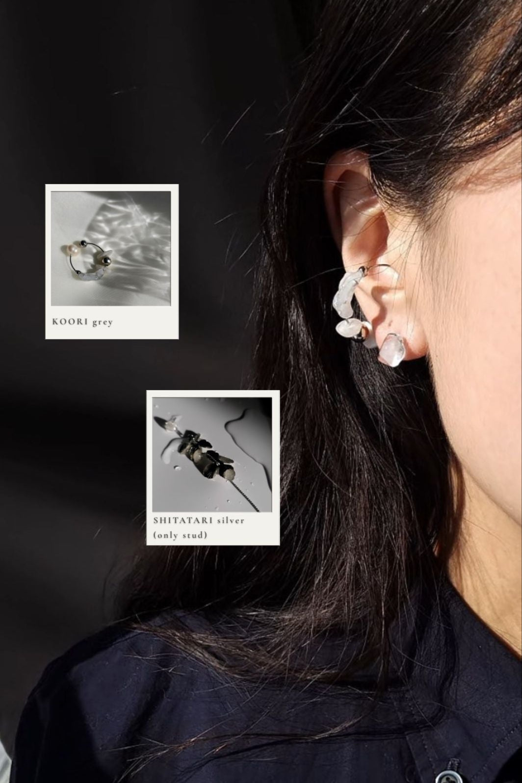 grey ear cuff with melting ice like stud earring