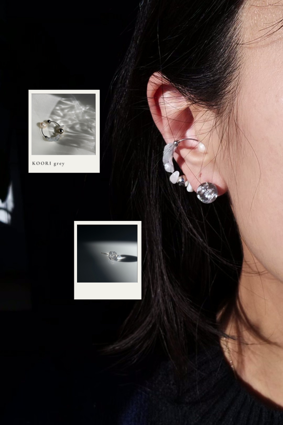 Model wearing KOORI grey earcuff with SUIKO clear silver stud.