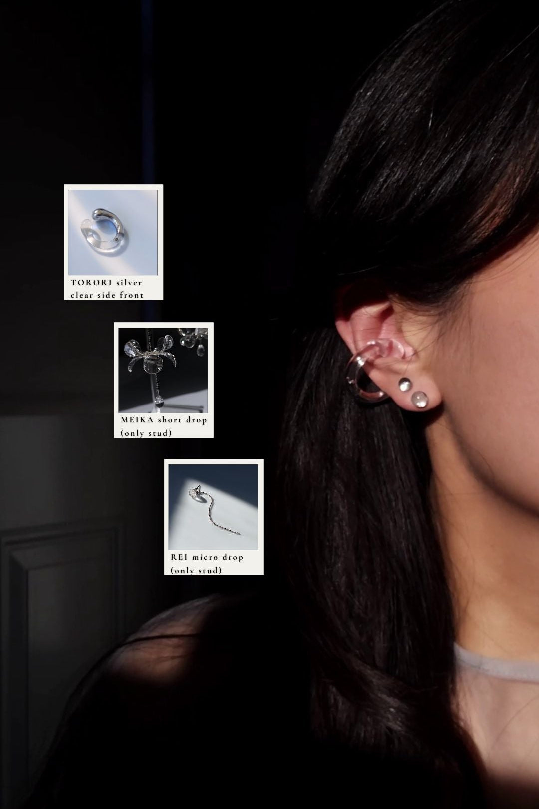Close-up of a model wearing TORORI silver sculptural ring as an ear cuff on the mid ear with the studs from MEIKA short drop and REI silver micro drop.