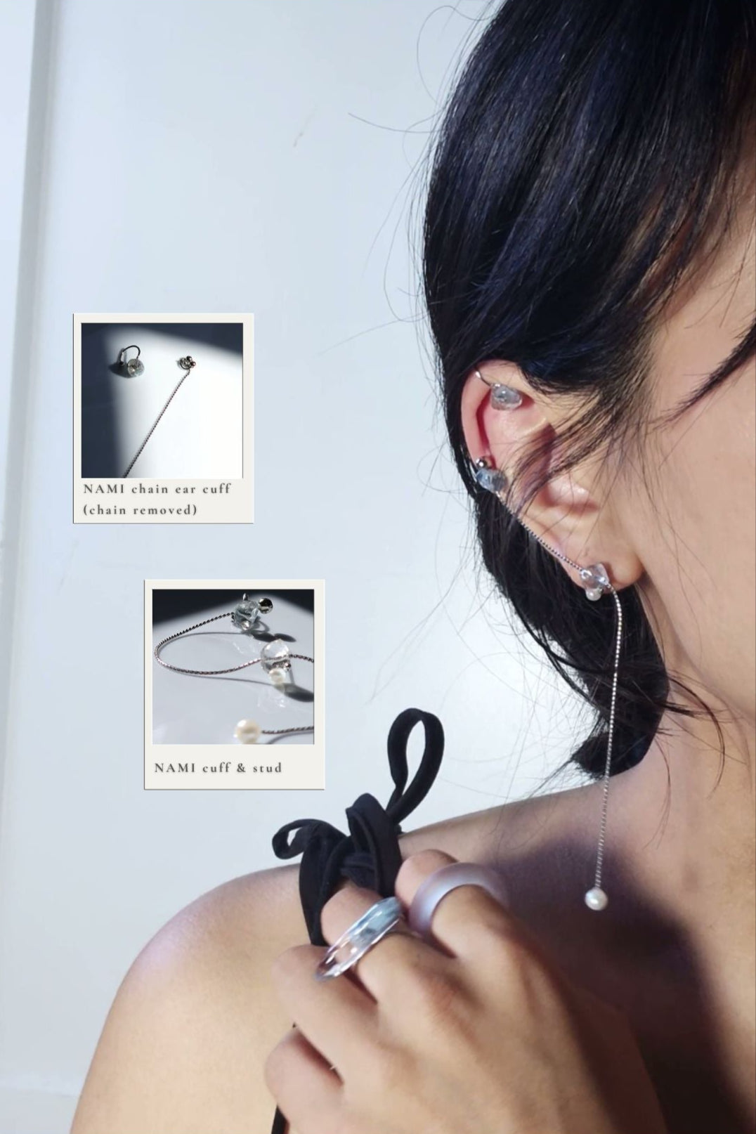 Model wearing NAMI multiway chain earcuff with the chain removed on helix, paired with NAMI mutliway cuff & stud, featuring freashwater pearl and chain drop.