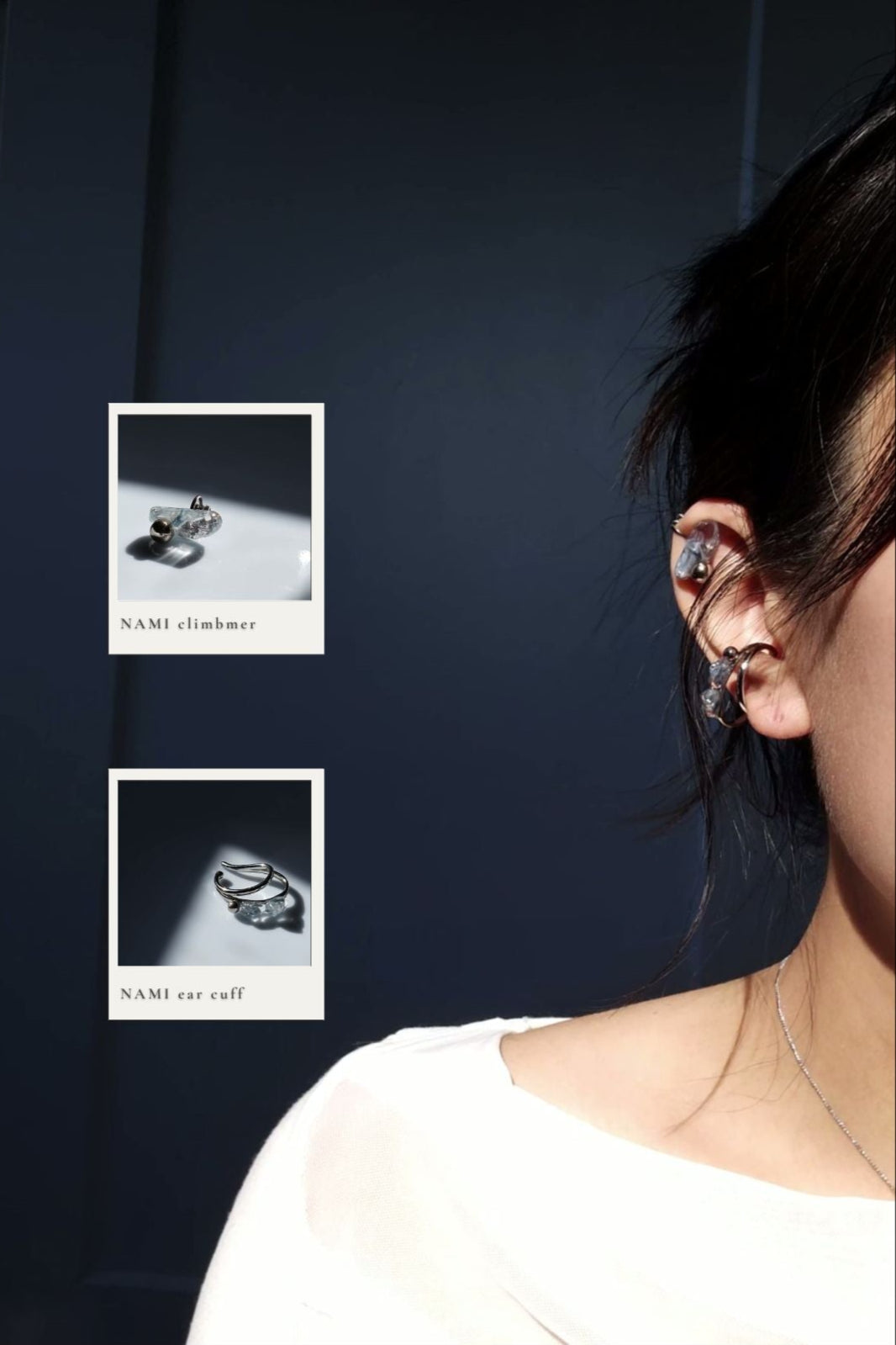 Close-up of a person wearing NAMI silver teardrop ear cuff, paired with NAMI silver orb climber on helix