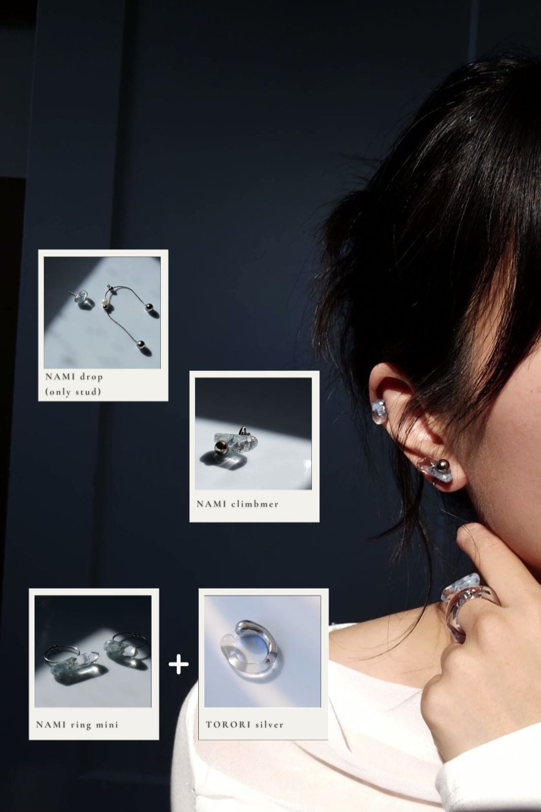 Model wearing NAMI ear climber on earlpbe, paired with the stud of NAMI multiway drop on helix. Model is wearing TORORI silver ring with NAMI ring mini.