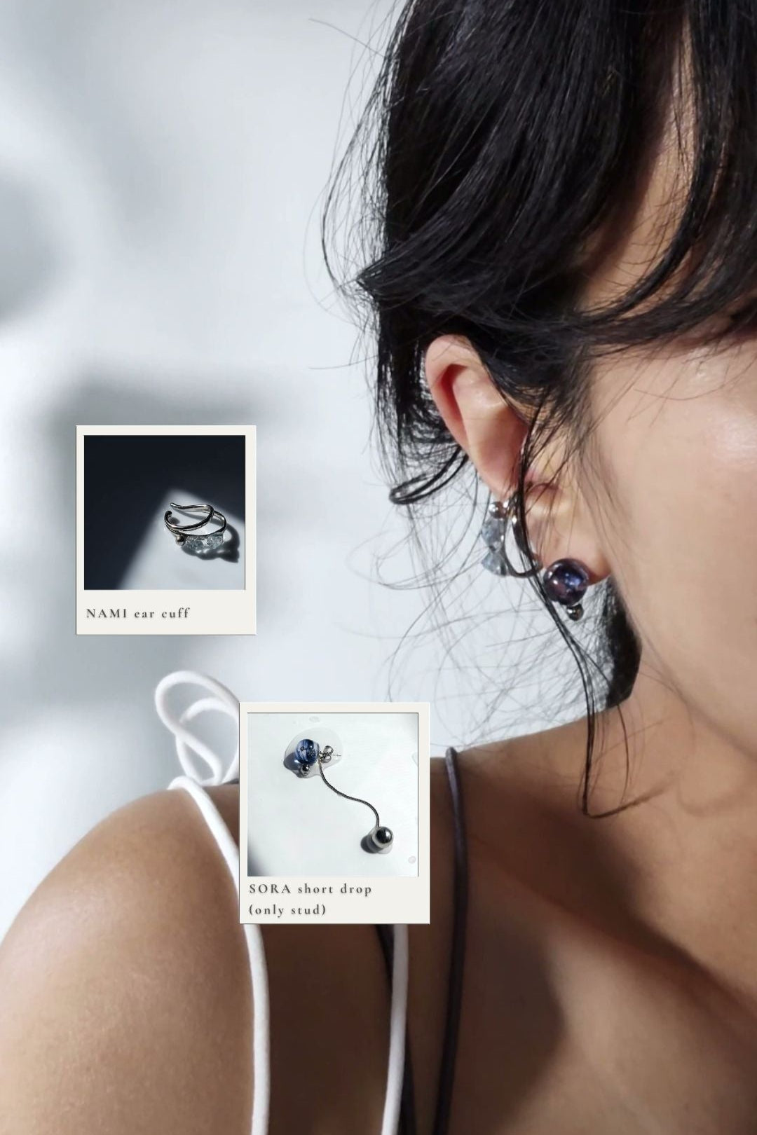 Model wearing SORA short drop earring, only the stud part. Paired with blue grey ear cuff.