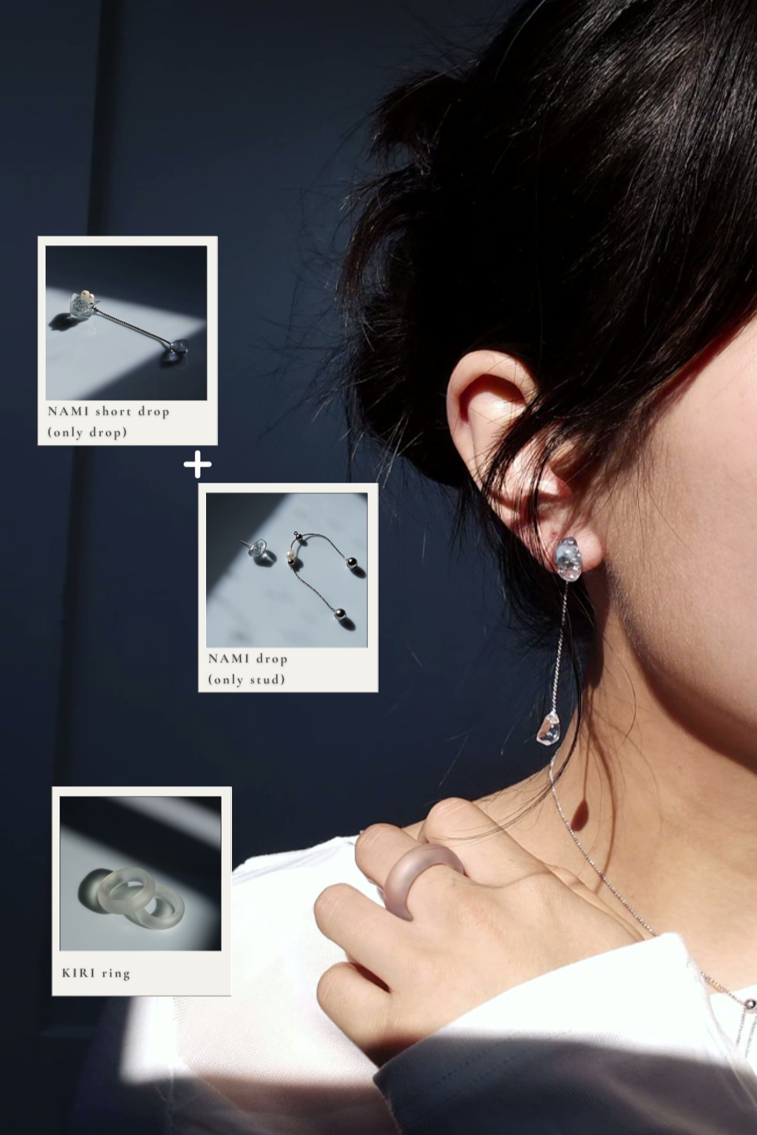 Person wearing NAMI multiway short drop, featuring a clear stone drop with silvery blue grey stone stud from NAMI multiway drop. KIRI frosty matte ring on the middle finger.