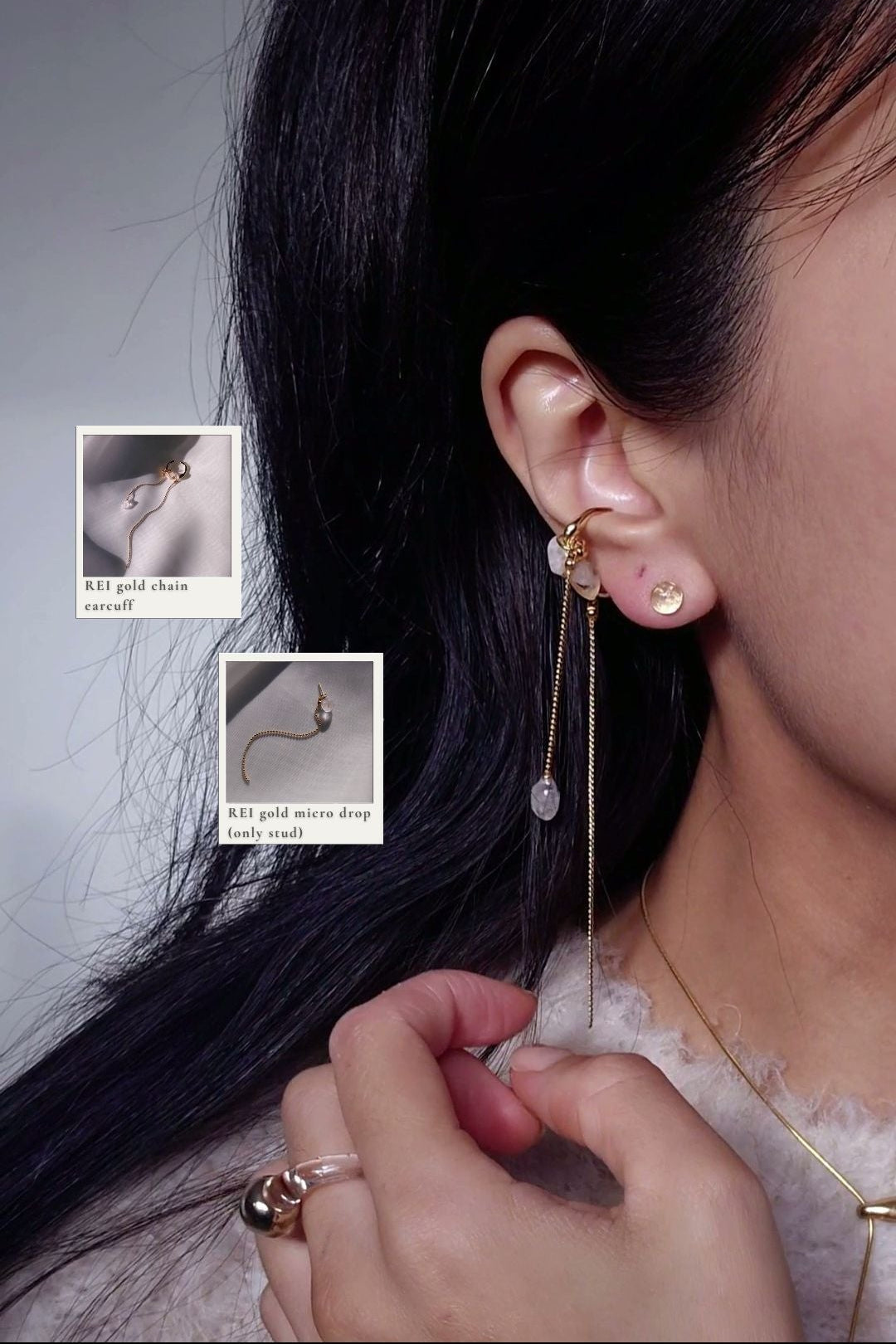 REI gold / multiway double chain ear cuff