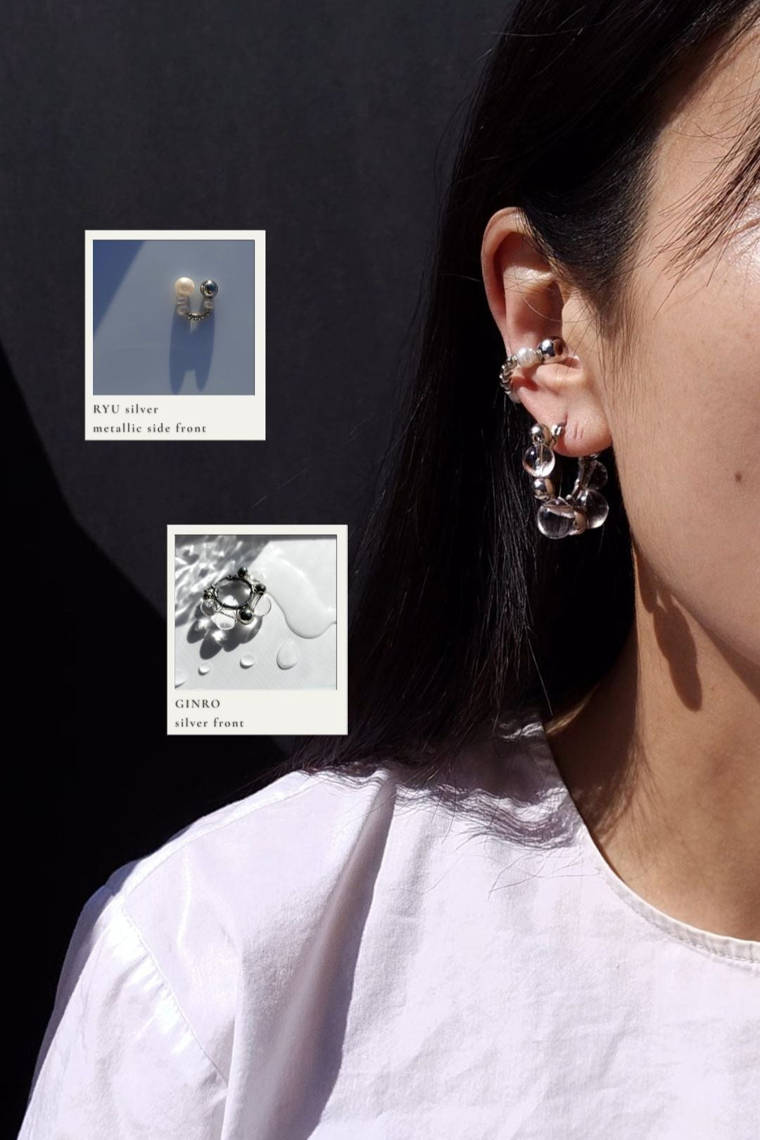 GINRO hoop earring styled with RYU reversible silver ear cuff, layered silver and clear orb jewelry for a luminous, delicate look.