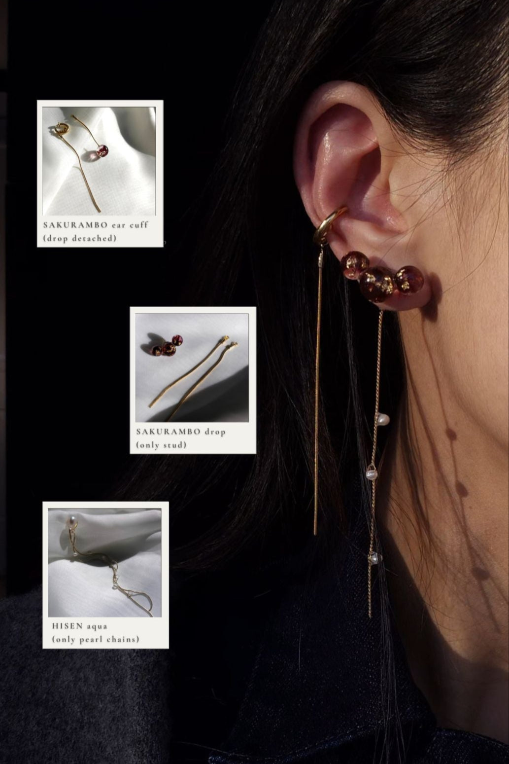 Model wearing SAKURAMBO chain ear cuff in dark cherry red without drop, styled with the stud of SAKURAMBO drop and the pearl chain of HISEN aqua.