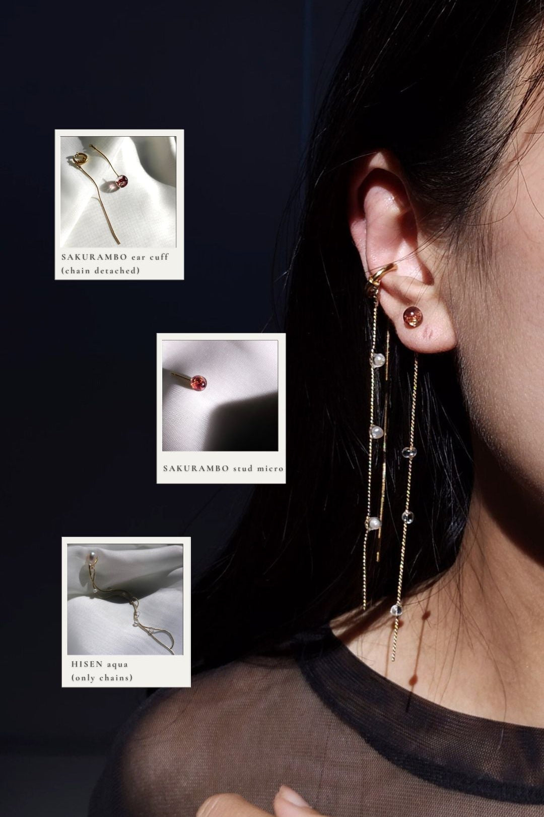 Model wearing SAKURAMBO chain ear cuff without the detachable drop, paired with SAKURAMBO micro stud and the chain from HISEN aqua.