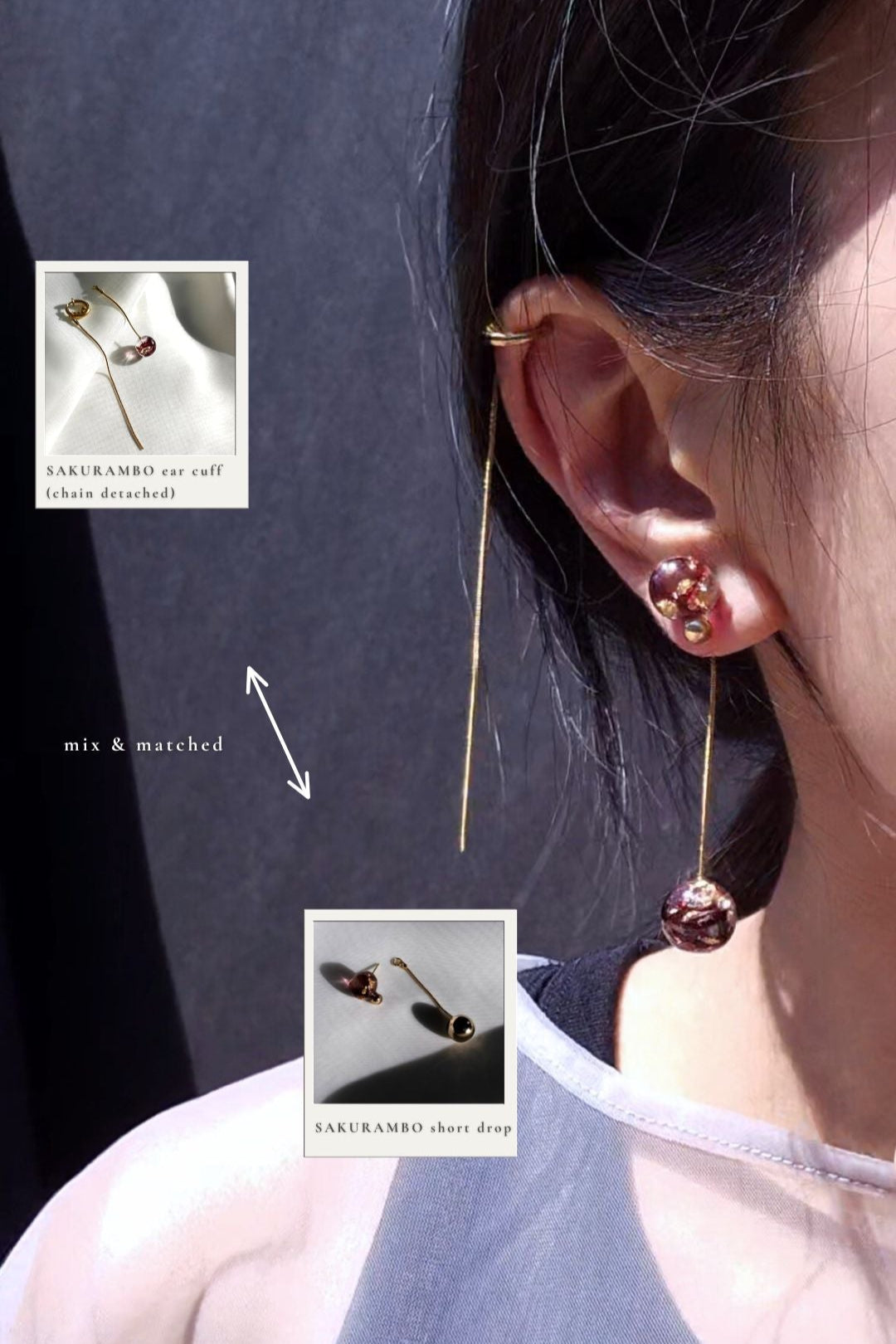 Model wearing SAKURAMBO chain ear cuff in dark cherry red without drop, paired with the stud from SAKURAMBO short drop with the detachable drop of the ear cuff attached.