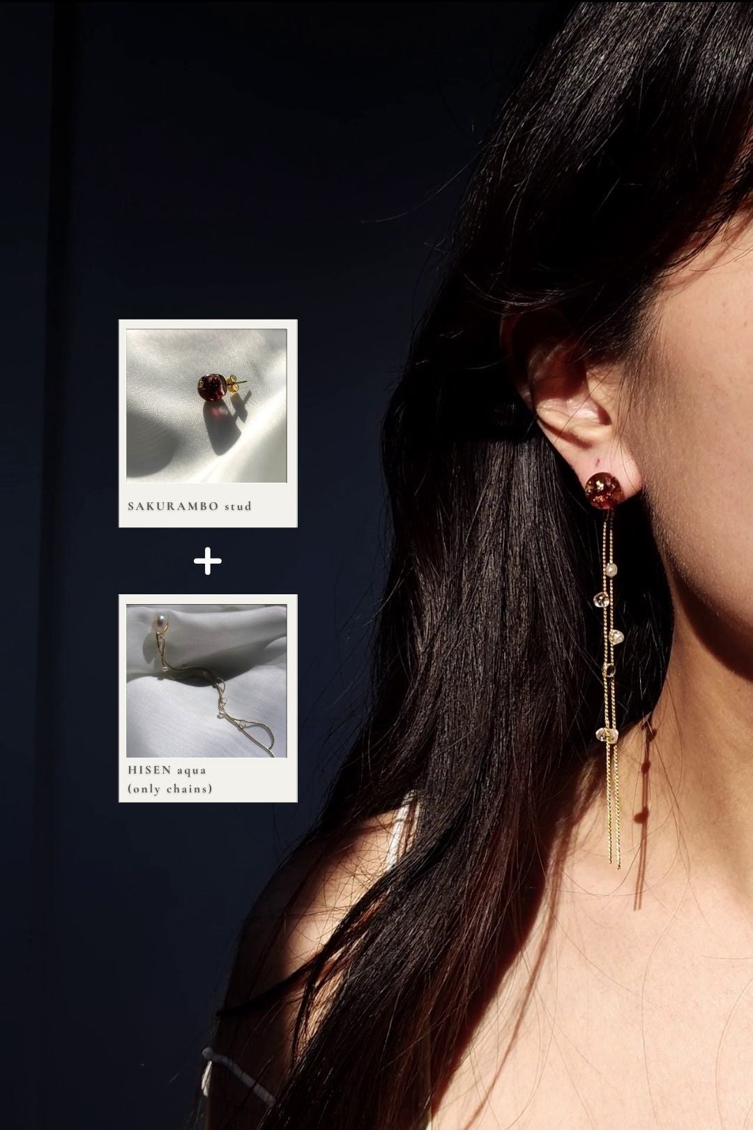 Close-up of a woman wearing a dark cherry stud, SAKURAMBO stud, paired with gold chains from HISEN aqua