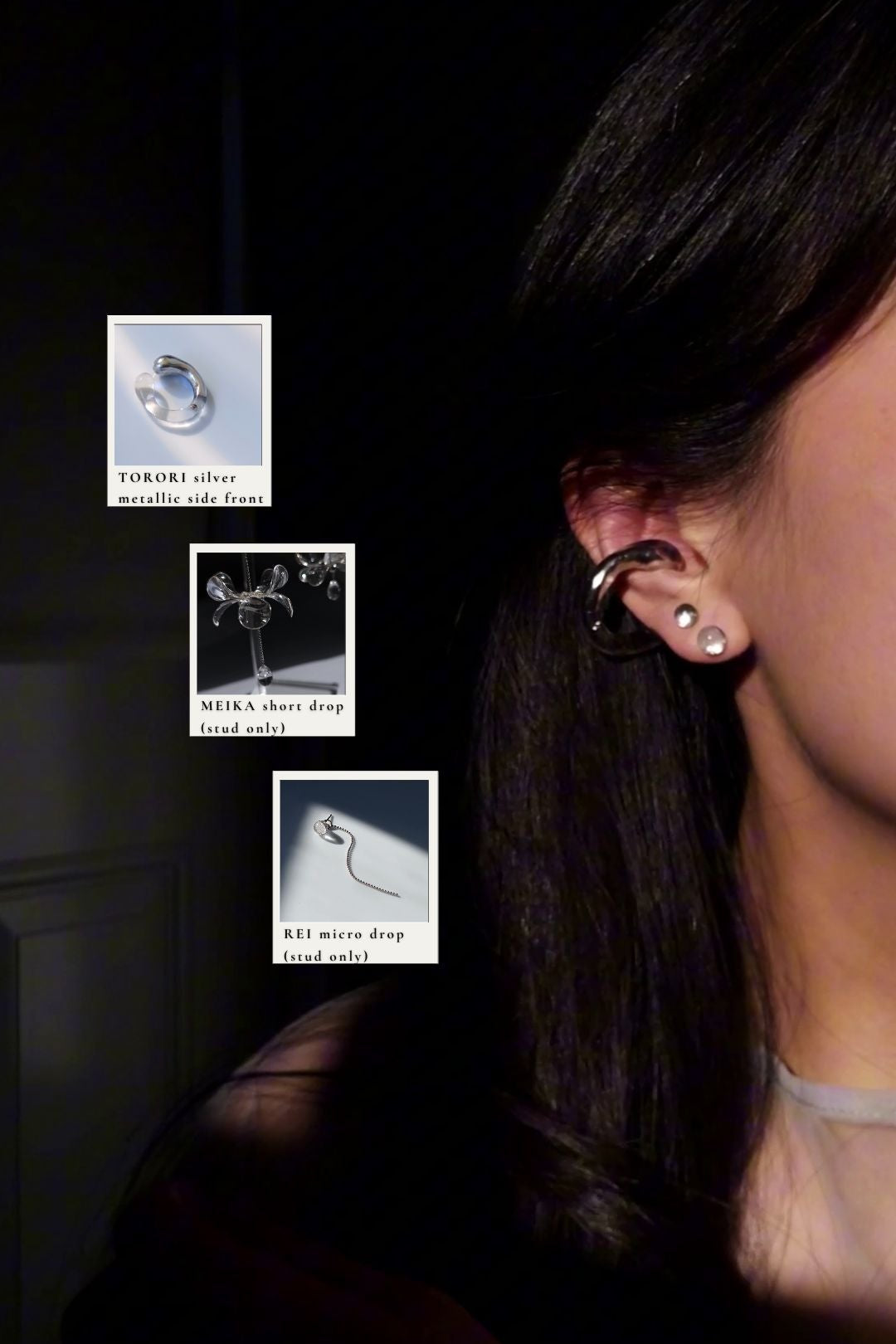 Close-up of a person wearing TORORI silver ring as an ear cuff showing the metallic side to the front with the studs from MEIKA short and REI silver micro drop