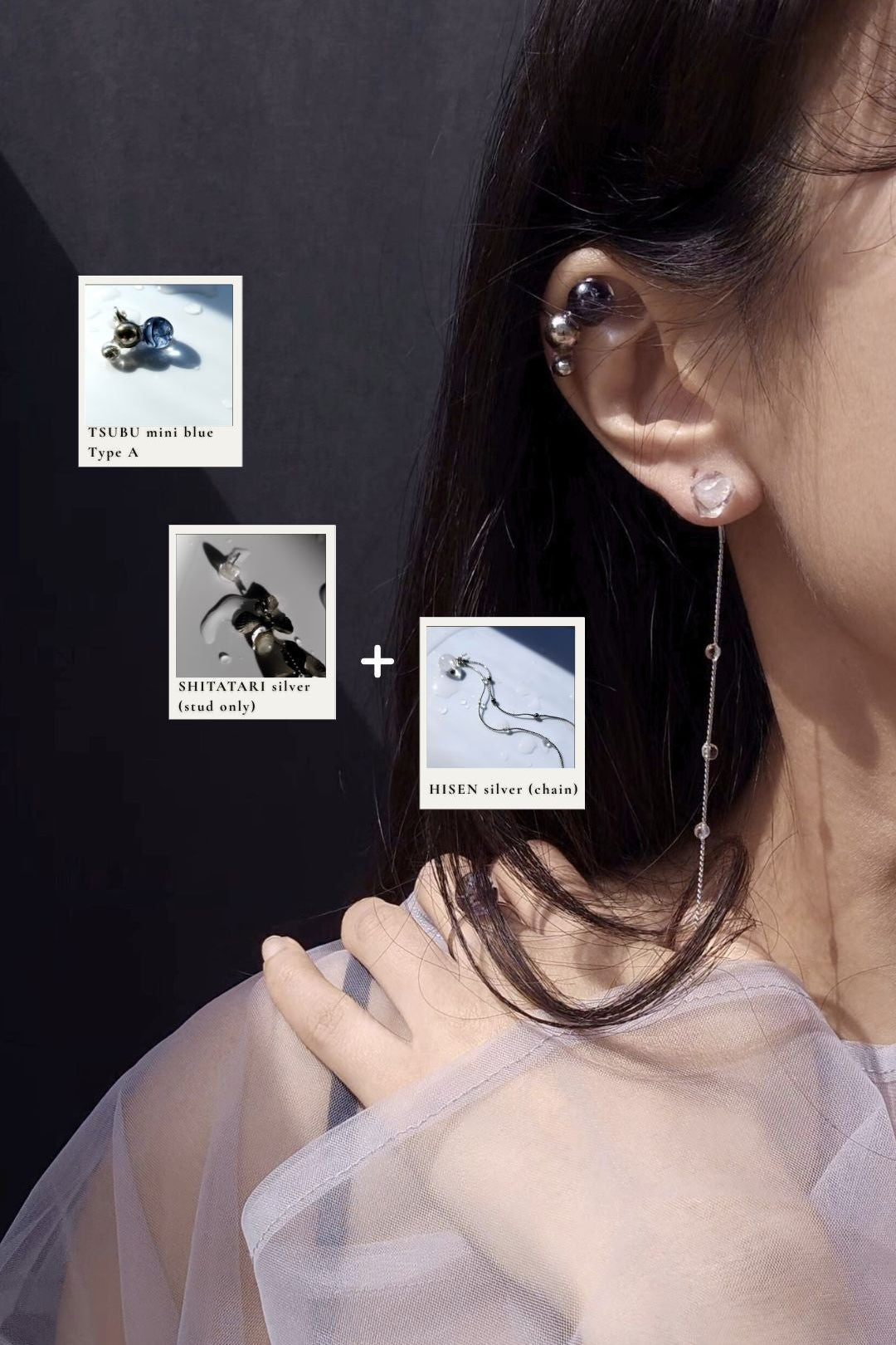 Model wearing TSUBU mini blue orb ar cuff on the helix with SHITATARI silver stud with a chain from HISEN silver drop earring