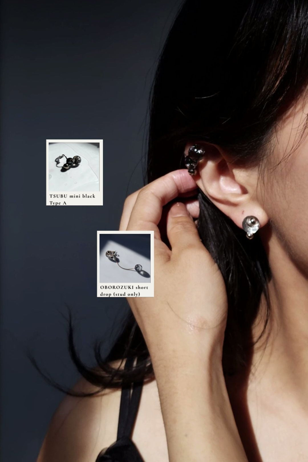Model wearing TSUBU mini black on the helix with OBOROZUKI short drop stud