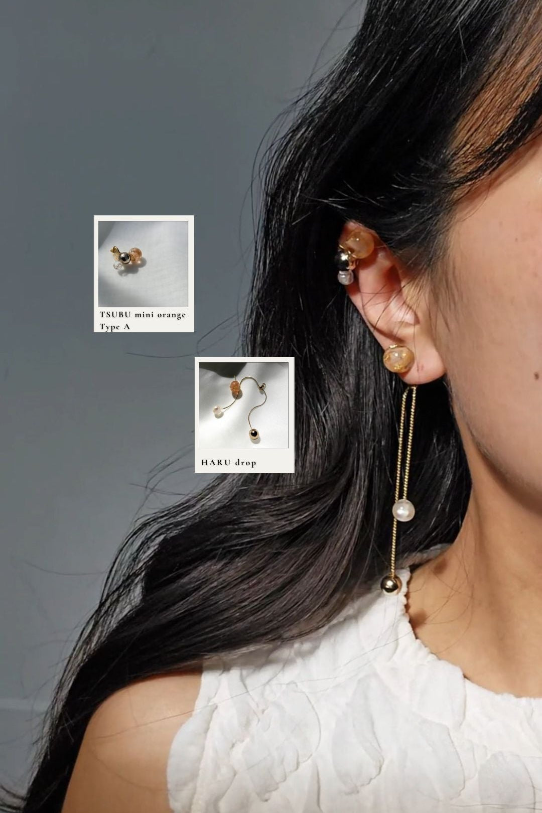 Close-up of a model wearing TSUBU mini orange type A with HARU orange drop