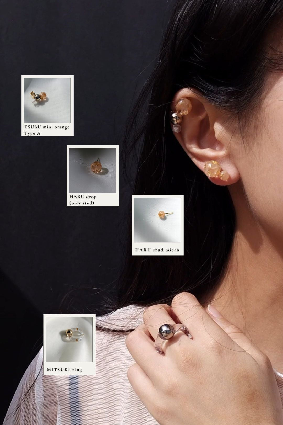 odel wearing TSUBU mini orange featuring hand-blended orange beige orb and gold orb, paired with HARU stud and stud micro, featuring the same hand-blended orange and beige hue. MITSUKI gold ring on the middle finger.