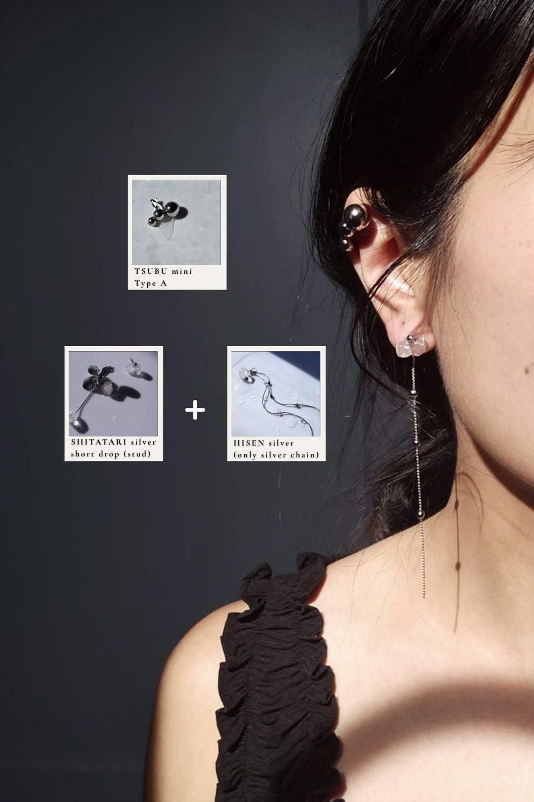 Close-up of a person wearing TSUBU mini silver type A on the helix and the stud of the shitatari silver short drop with the chain from HISEN silver