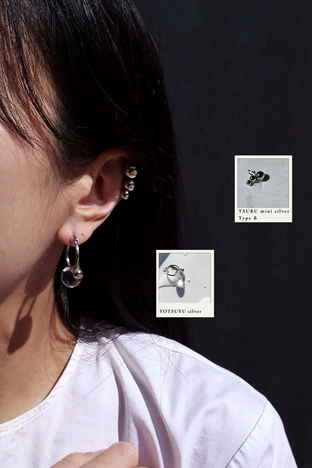 Person wearing YOTSUYU silver orb huggie with TSUBU mini silver orb ear cuff on helix