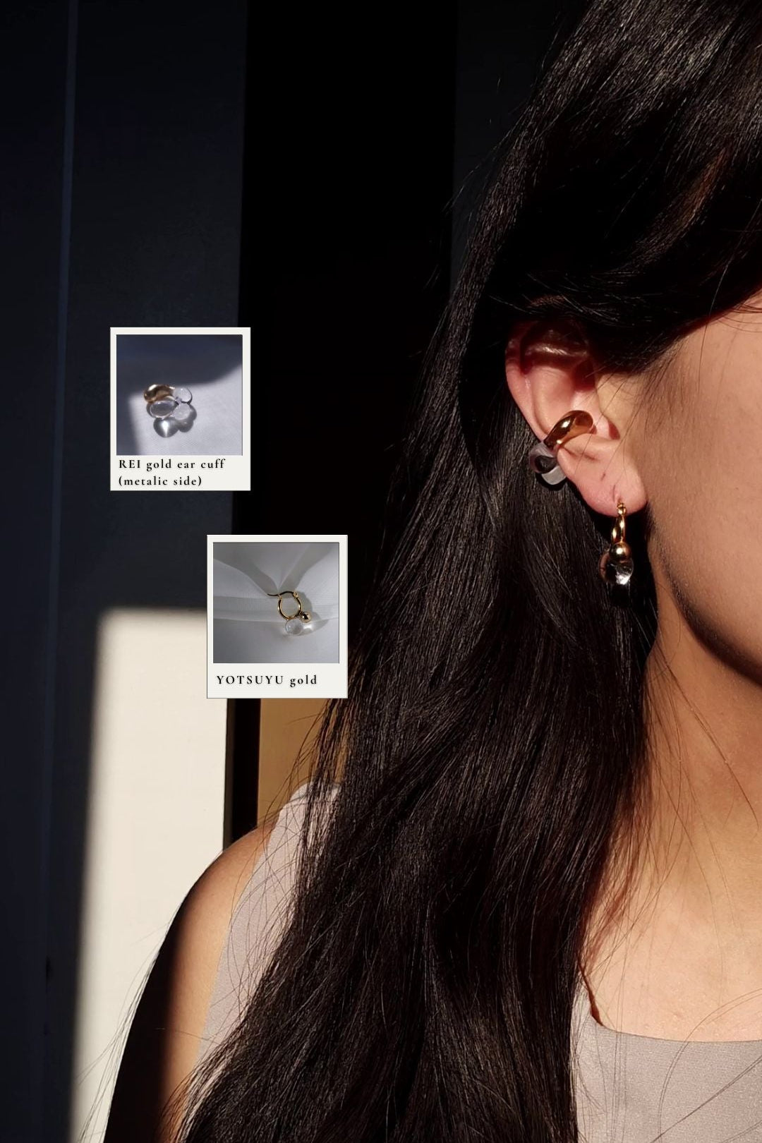 Close-up of a person wearing YOTSUYU gold huggie with REI gold reversible ear cuff showing the metallic side to the front.