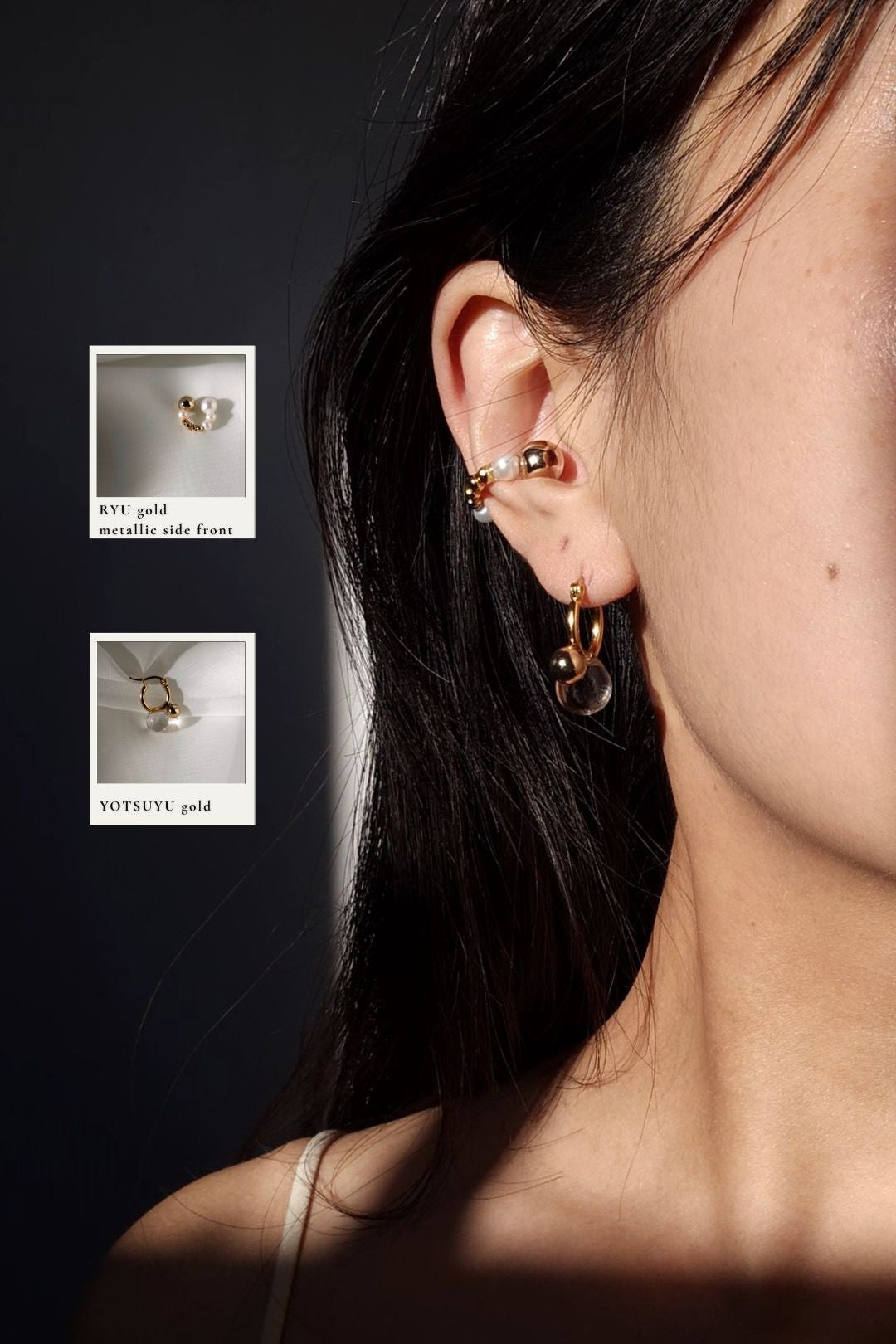 Close-up of a model wearing YOTSUYU gold huggie with RYU gold reversible ear cuff showing the metallic side to the front.