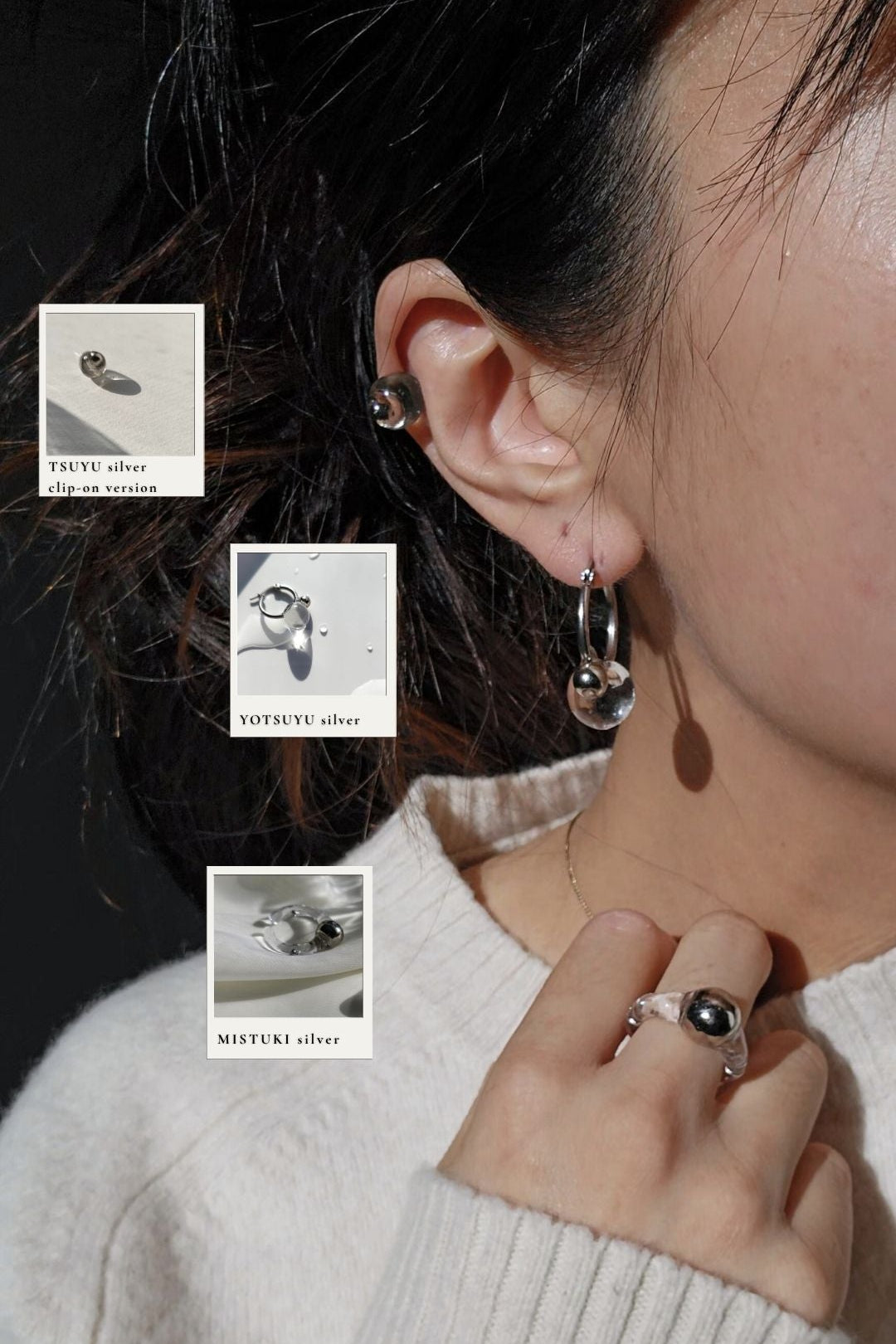 Close-up of a model wearing YOTSUYU silver huggie with TSUYU silver stud on helix with MITSUKI silver ring on the middle finger.