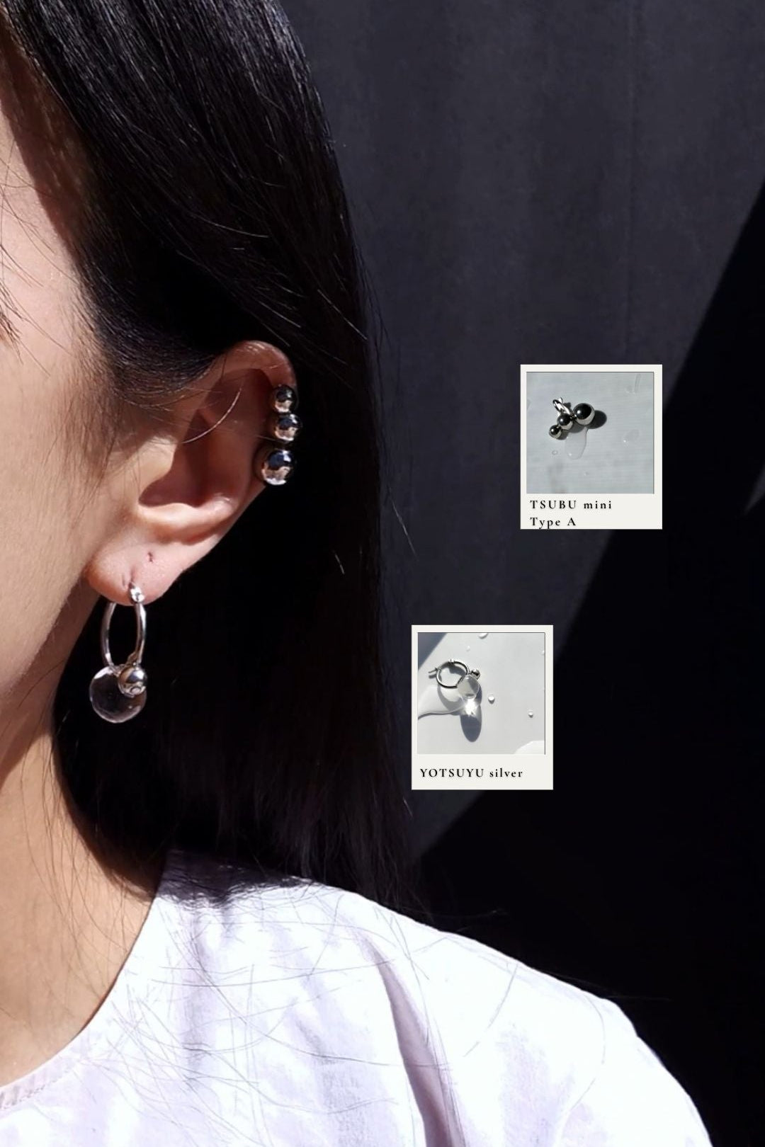Model wearing YOTSUYU silver huggie with TSUBU mini silver Type A on helix.