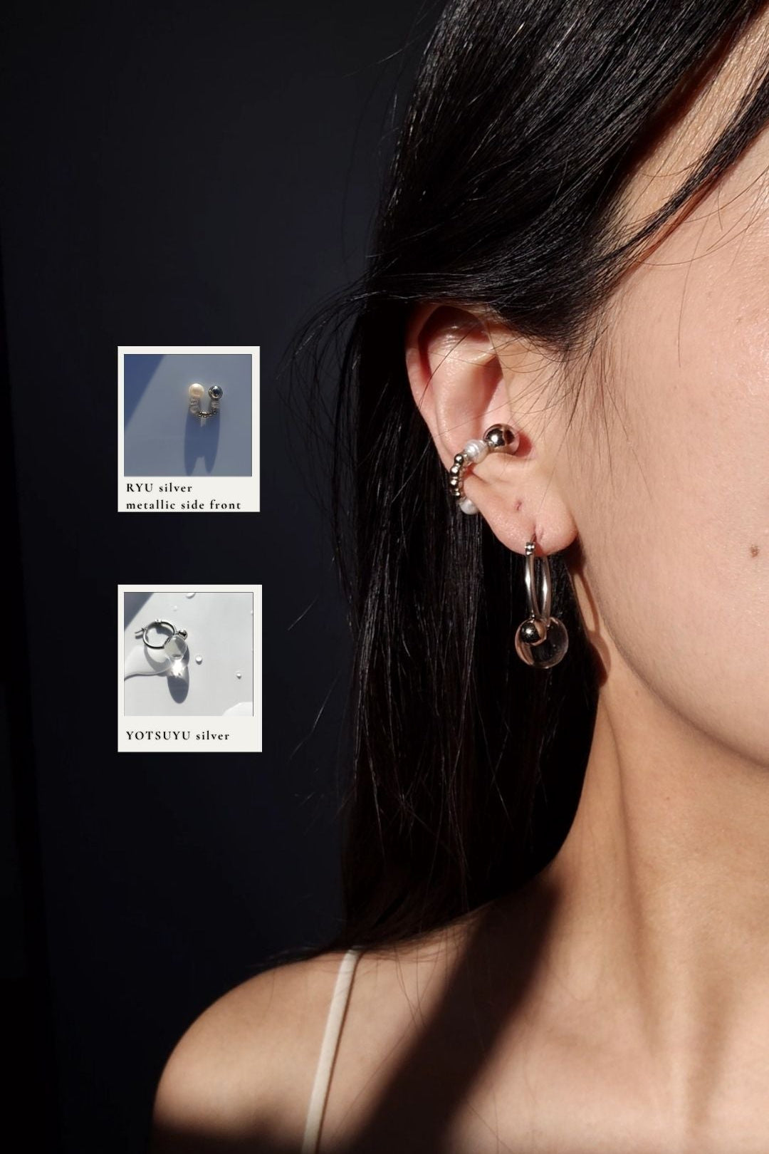 Close-up of a person wearing YOTSUYU silver huggie with RYU silver reversible ear cuff.
