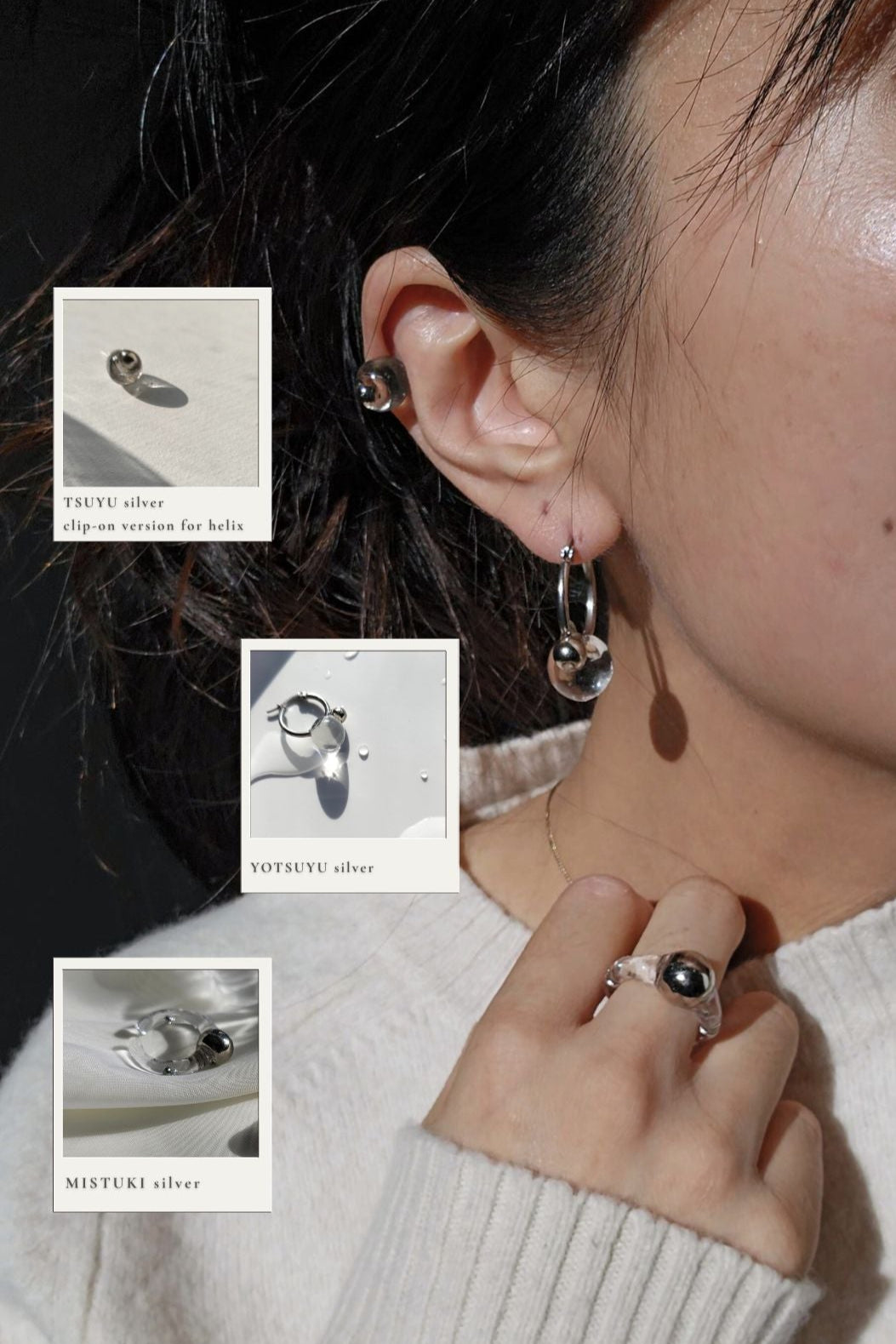 YOTSUYU silver hoop earring featuring a lumious clear orb styled with MITSUKI silver clear ring featuring a silver orb on the middle finger.