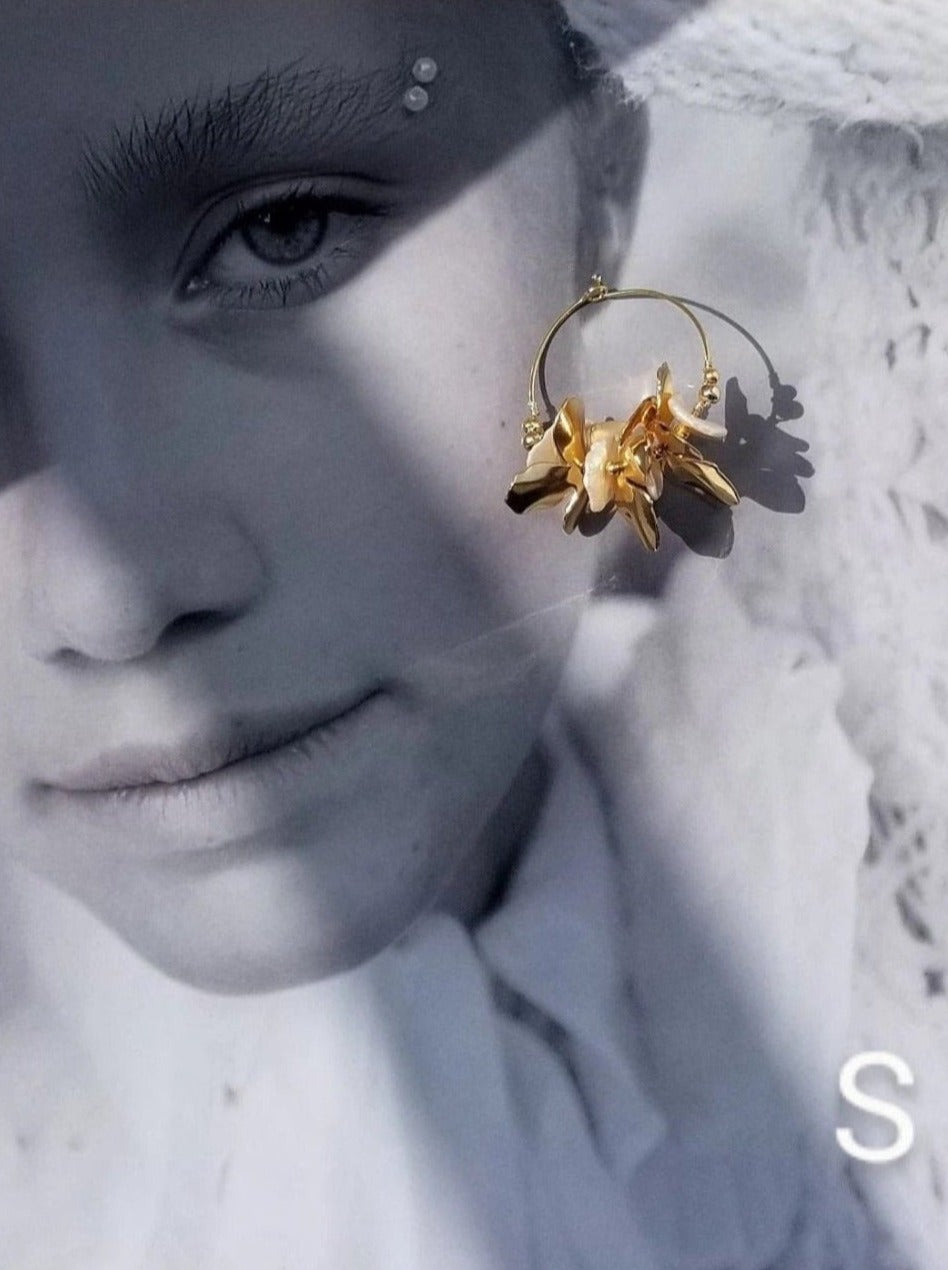 Kakan Small Gold Hoops with Freshwater Pearl Floral Earrings Model2