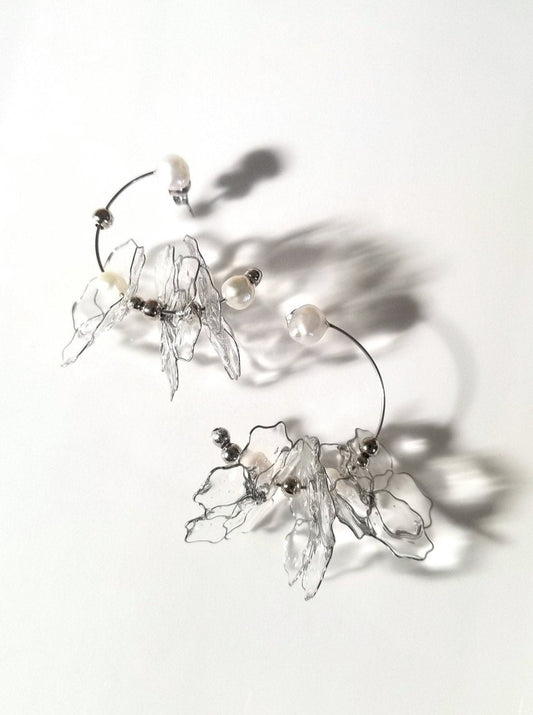 Rokka Clear Resin Petal & Freshwater Pearl Floral Earrings Front