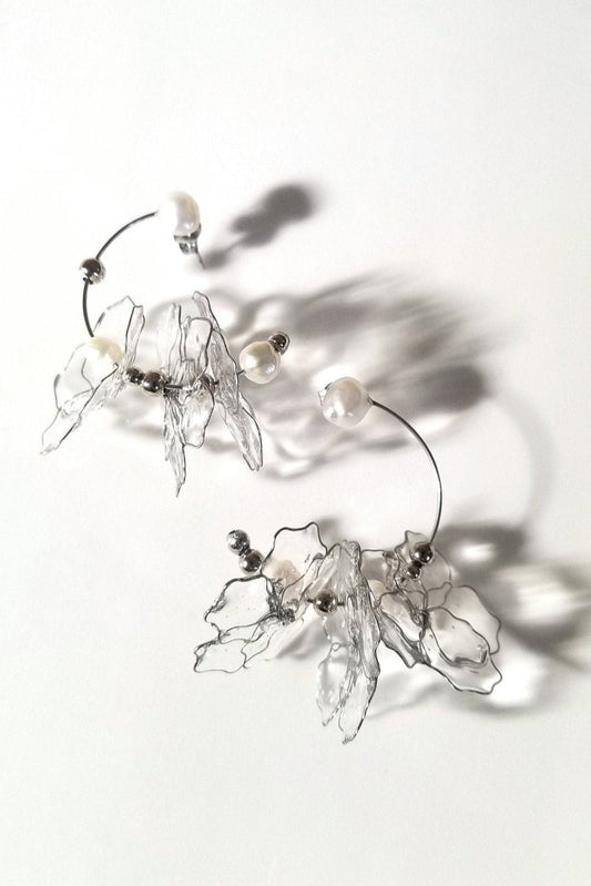 Rokka Clear Resin Petal & Freshwater Pearl Floral Earrings Front