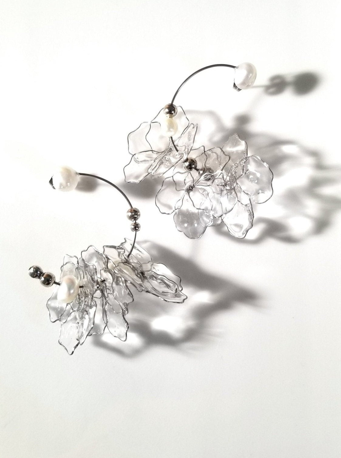Rokka Clear Resin Petal & Freshwater Pearl Floral Earrings Front2