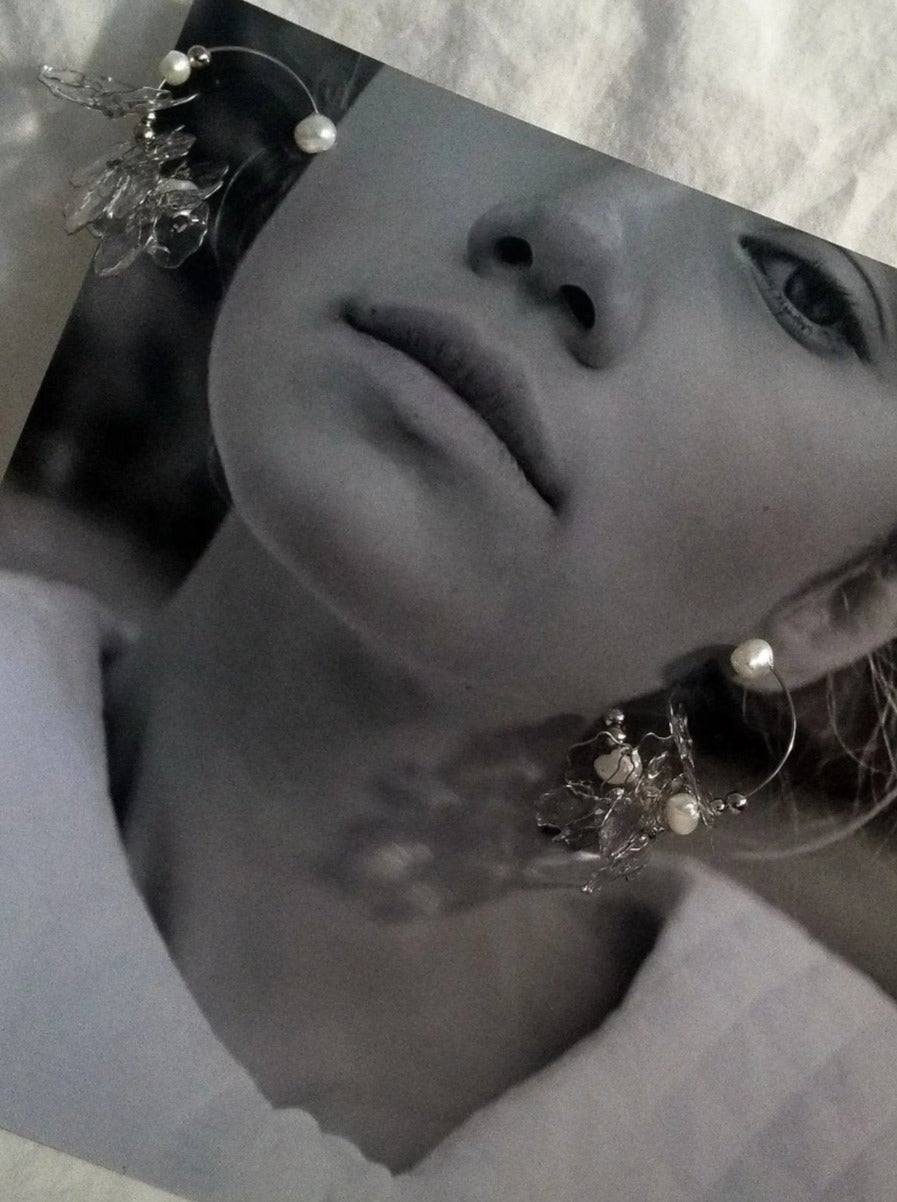 Rokka Clear Resin Petal & Freshwater Pearl Floral Earrings on Model1