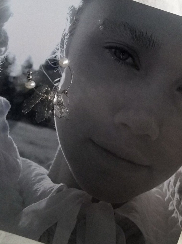 Rokka Clear Resin Petal & Freshwater Pearl Floral Earrings on Model2