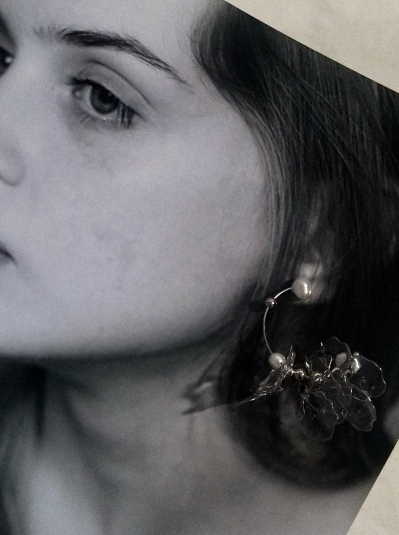 Rokka Clear Resin Petal & Freshwater Pearl Floral Earrings on Model3