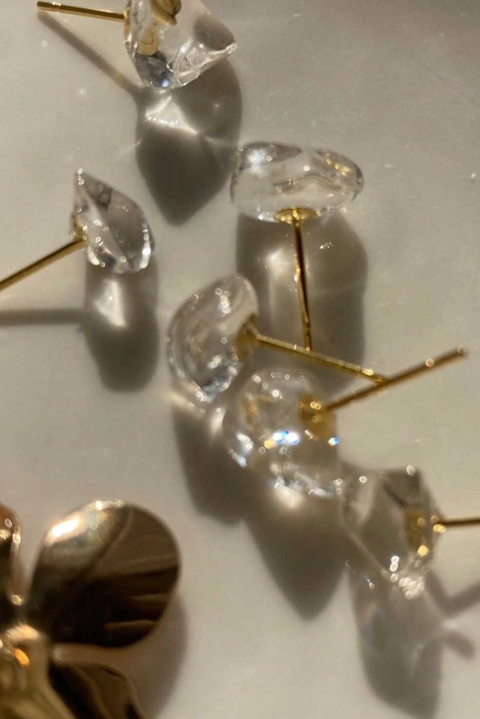 Shitatari Gold Chain Floral Earrings and Crystal Studs