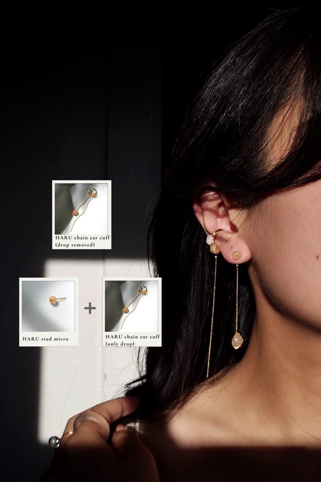 Model wearing a 6mm orb earring in orange beige, HARU micro stud, paired with a chain drop in orange beige, with gold chain ear cuff, HARU chain ear cuff