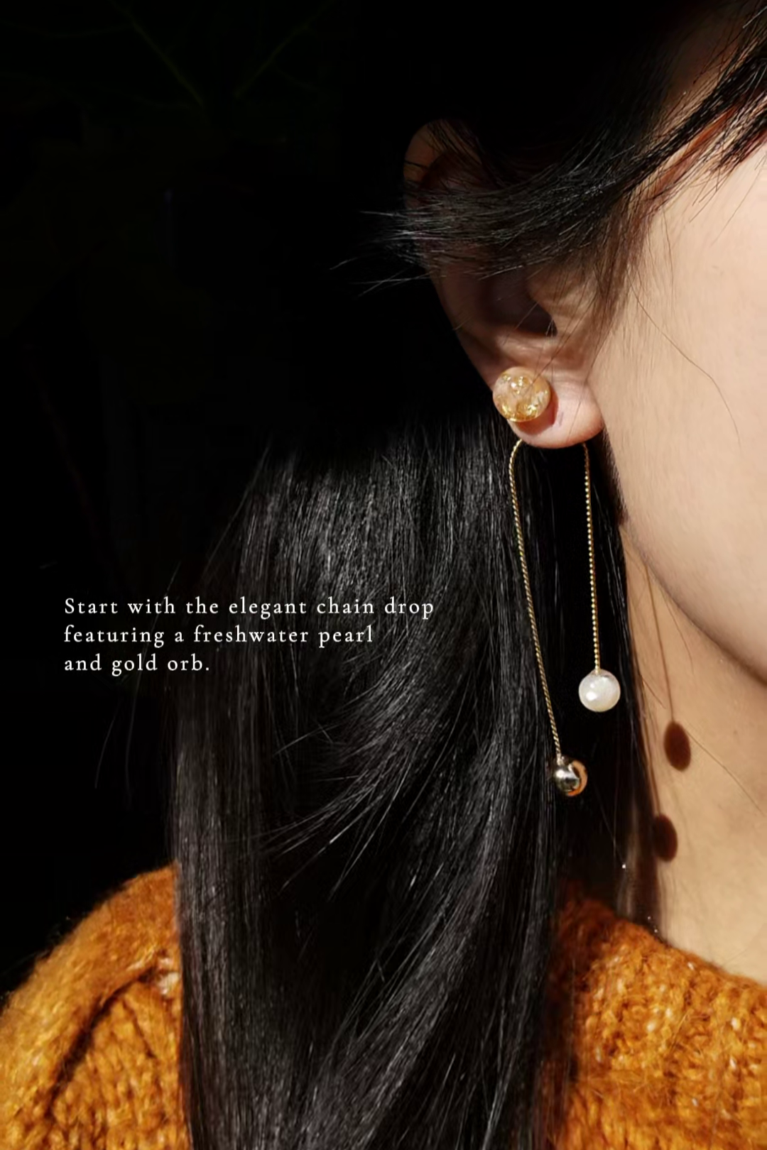 orange pearl convertible drop earring with removable chain