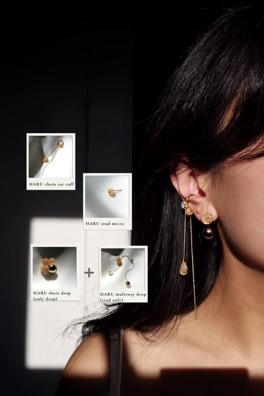 Model wearing a 10mm orb earring with a golden orb, HARU stud and the drop from HARU short drop, paired with gold chain ear cuff with orange beige motif, HARU chain ear cuff.