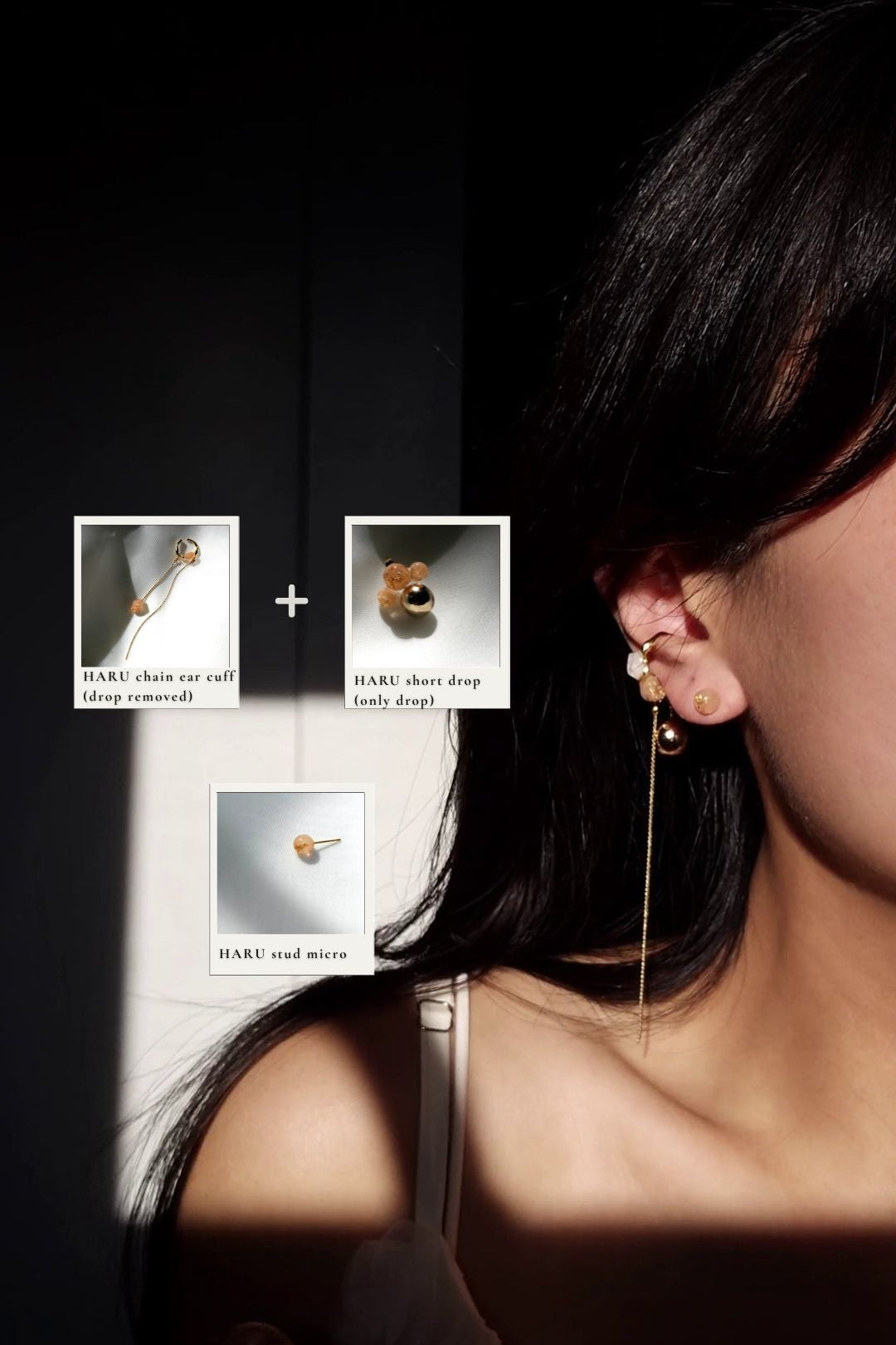 Model wearing an 6mm orb earring in orange beige, HARU micro stud,  with gold chain ear cuff, HARU chain earcuff.