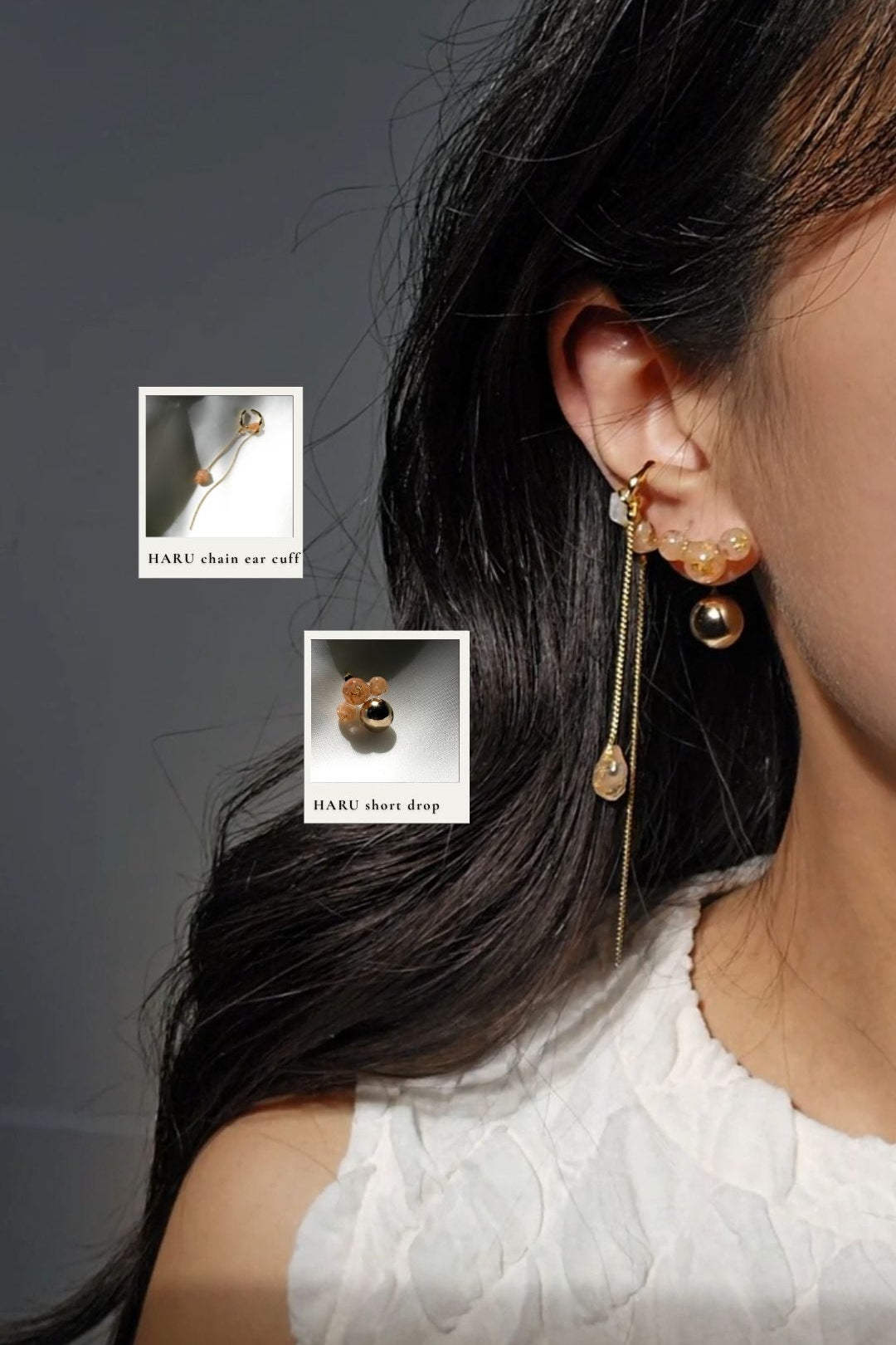 Model wearing orange beige orb drop earring, HARU short drop, paired with gold chain ear cuff with orange drop, HARU chain ear cuff.