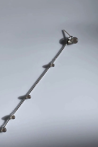 Delicate silver chain earring with translucent black orbs, KAGE silver chain drop.