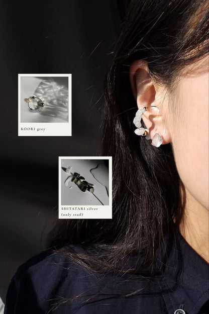 grey ear cuff with melting ice like stud earring